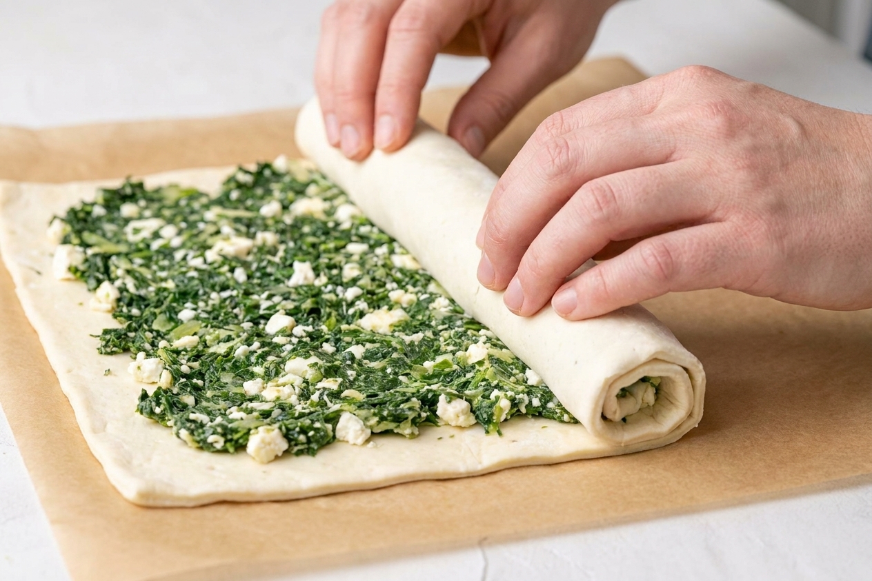 A puff pastry sheet being rolled into a tight log on parchment paper with a spinach and feta filling spread evenly