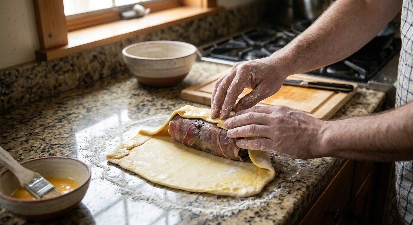 A puff pastry sheet being wrapped around a prosciutto-covered beef log, hands folding and sealing the seam on a floured counter