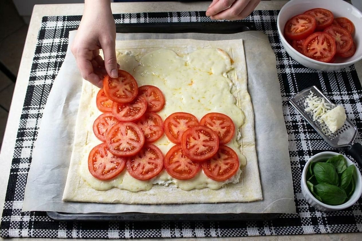 A puff pastry tart on a baking sheet being topped with overlapping tomato slices over a layer of cheese