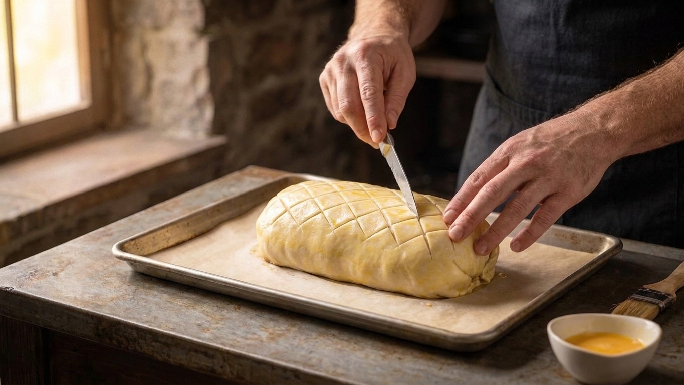 A puff pastry-wrapped beef Wellington on a parchment-lined sheet pan with a hand scoring a light pattern on top before baking