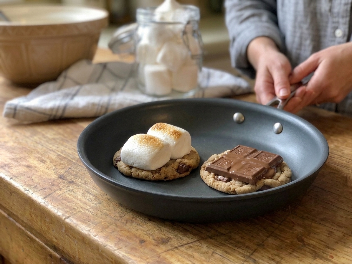 A puffed marshmallow-topped cookie and a melted chocolate-topped cookie in a nonstick skillet