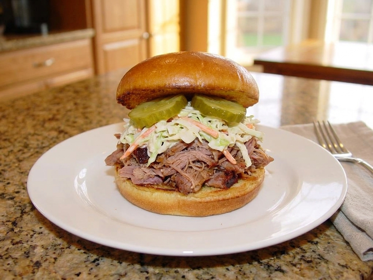 A pulled pork sandwich on a bun topped with coleslaw and pickle slices on a simple plate at a kitchen table