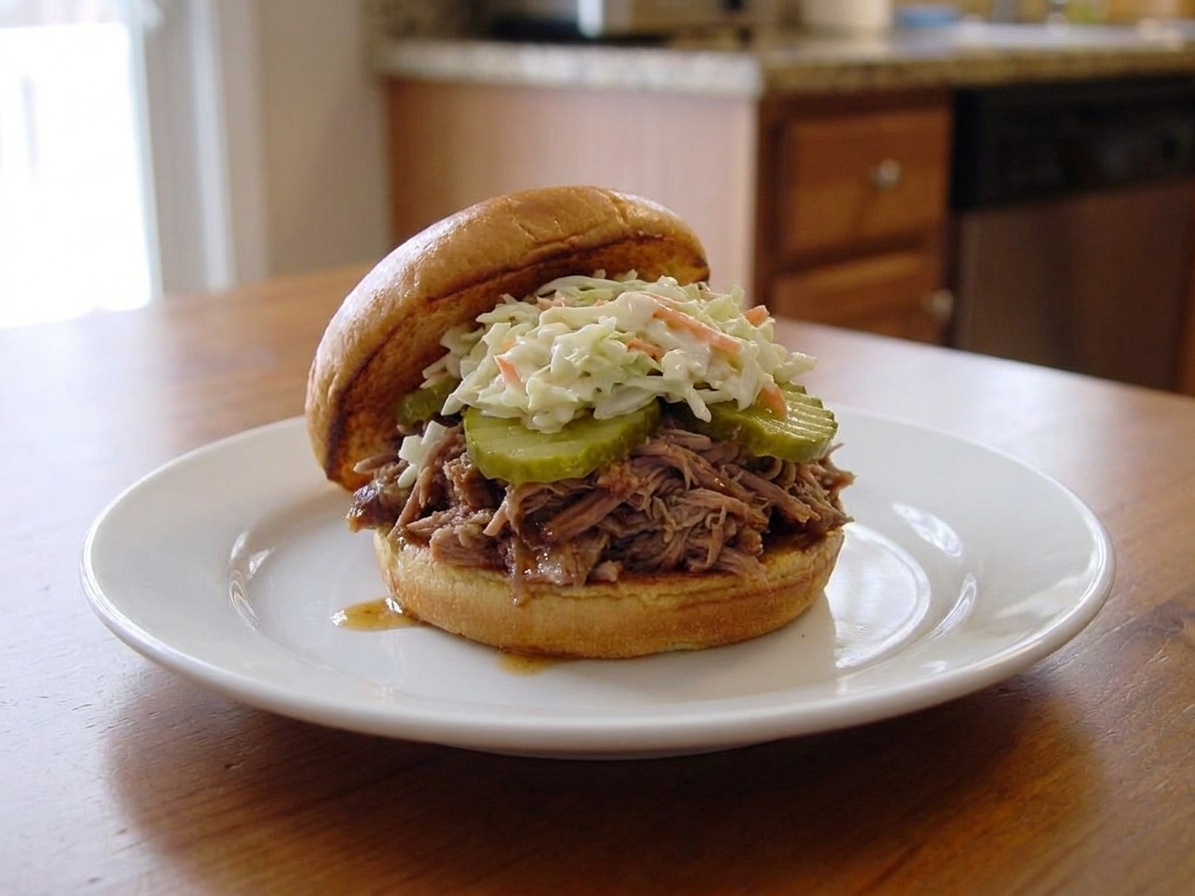 A pulled pork sandwich on a bun topped with creamy coleslaw and pickle slices on a simple plate at a dining table