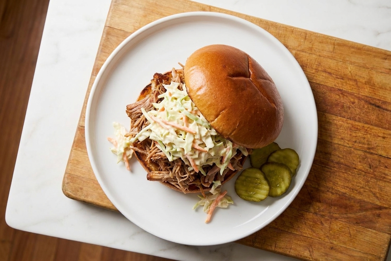 A pulled pork sandwich on a bun topped with creamy coleslaw, served on a plate with pickle chips