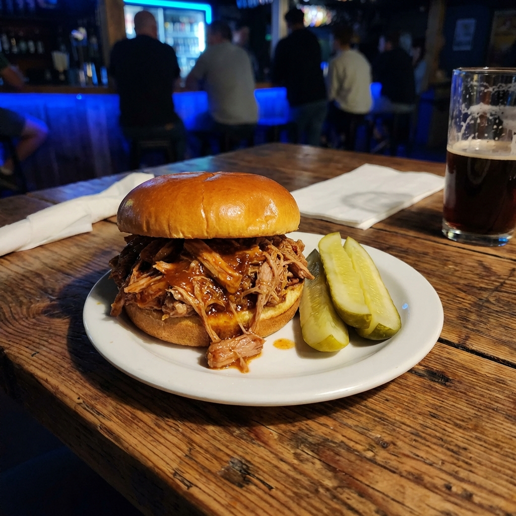 A pulled pork sandwich on a bun with pickles on the side
