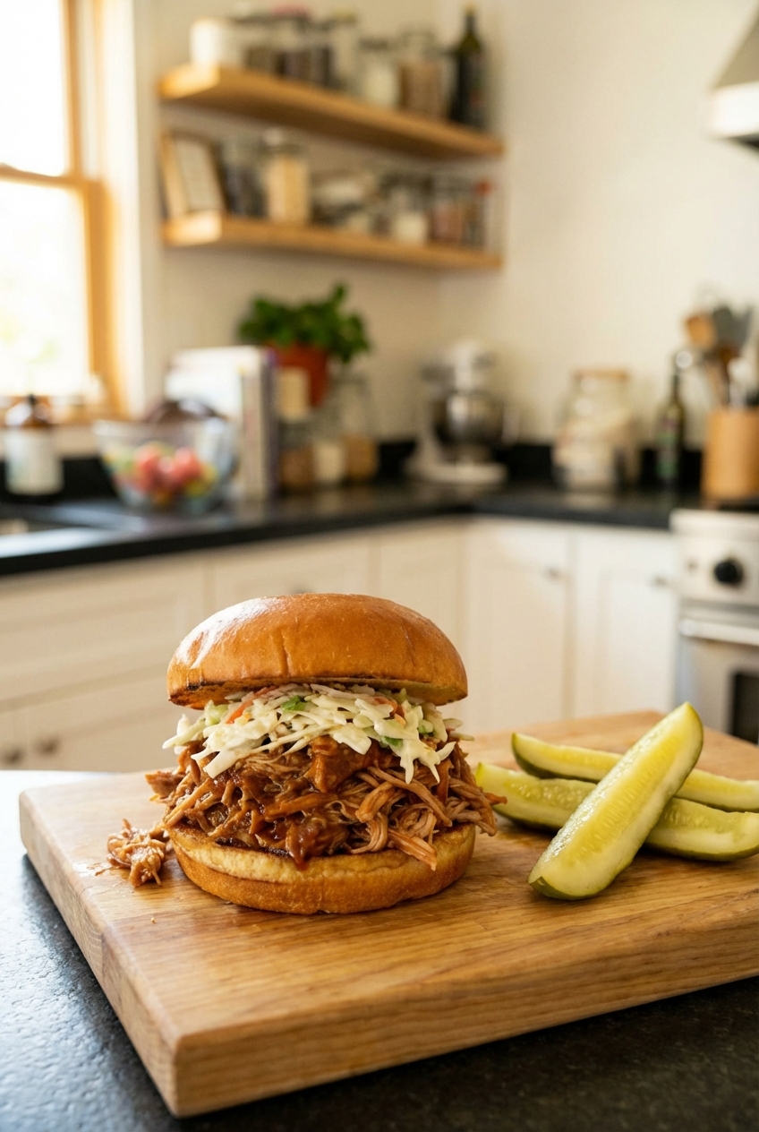A pulled pork sandwich on a bun with pickles on the side on a wooden board