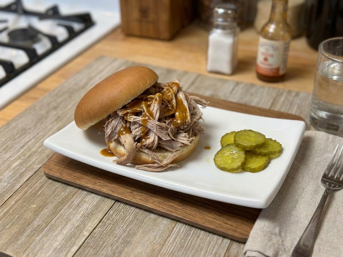A pulled pork sandwich on a plate with Carolina BBQ sauce drizzled on top, pickles on the side, and a casual weeknight table setting