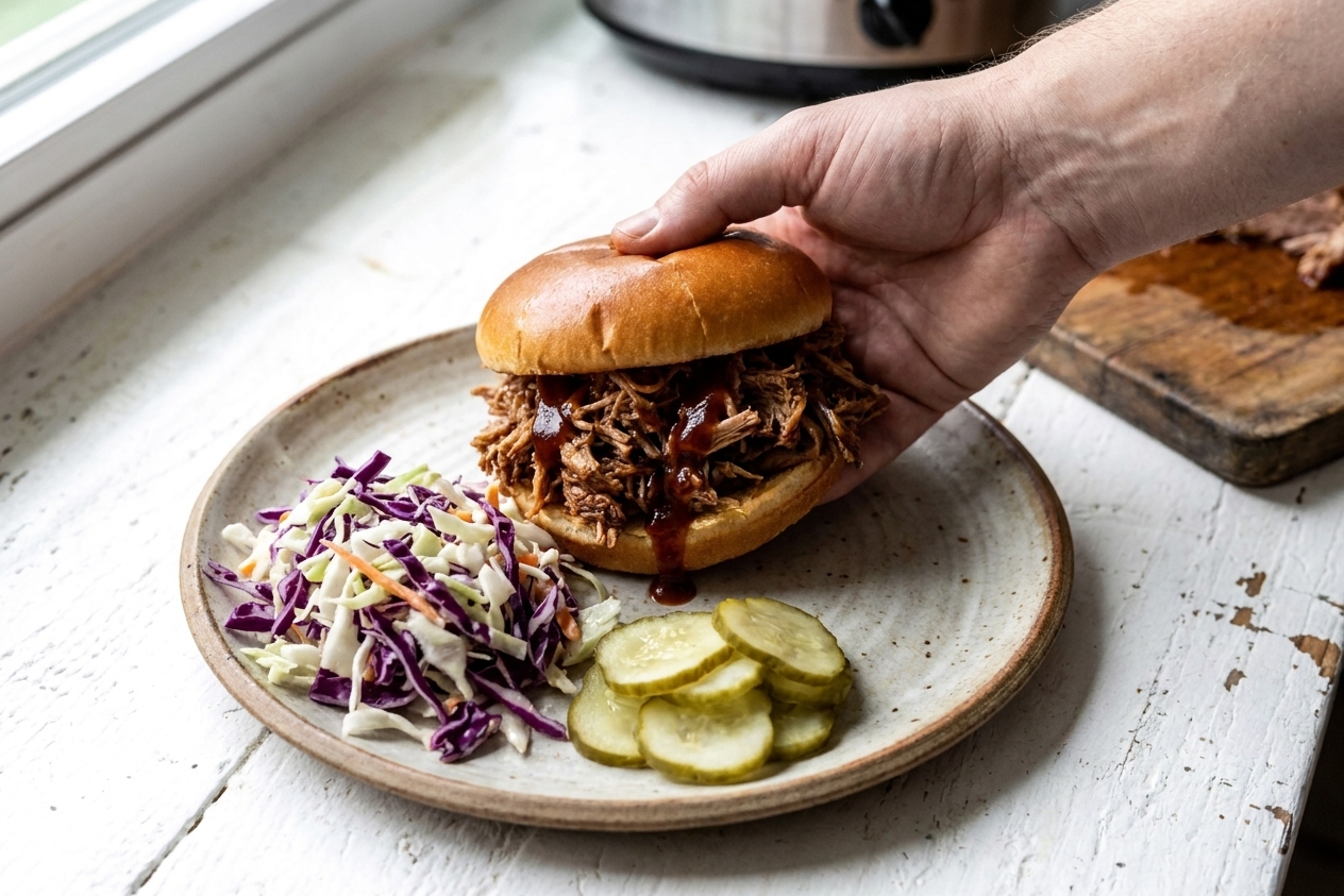 A pulled pork sandwich on a plate with coleslaw and pickles beside it on a wooden table