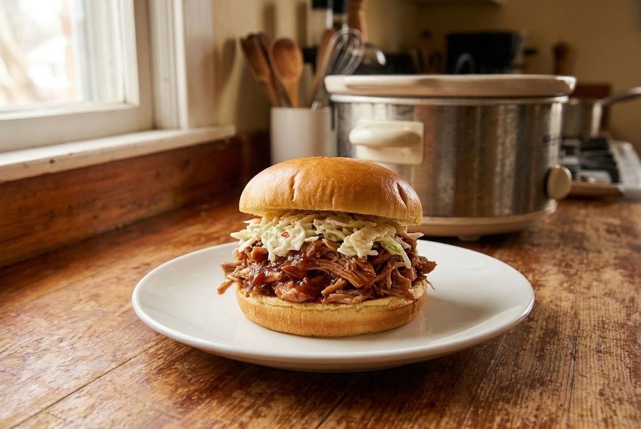 A pulled pork sandwich on a soft bun topped with creamy coleslaw on a simple plate