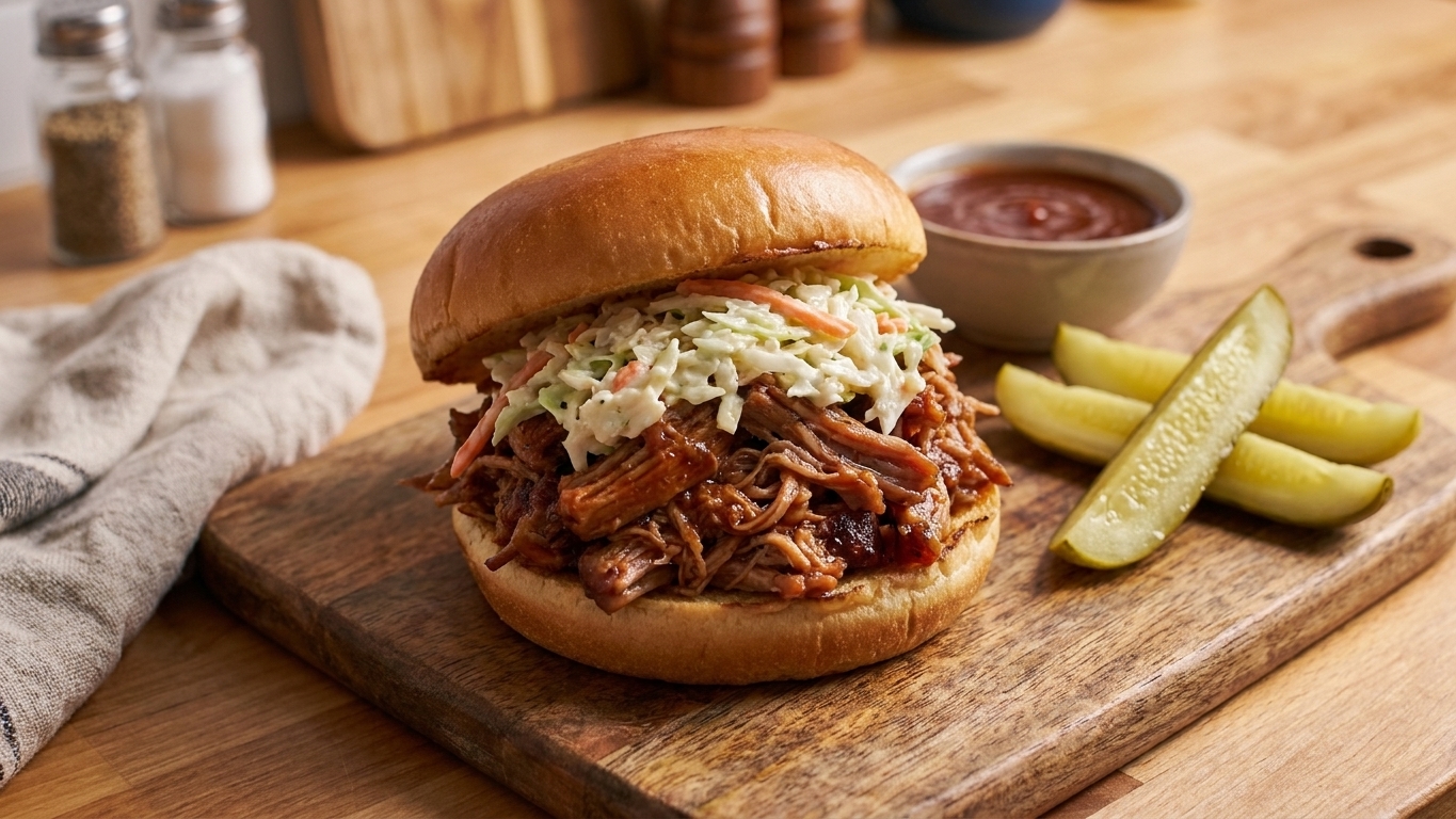 A pulled pork sandwich on a soft bun topped with creamy coleslaw on a plate with pickles on a wooden table