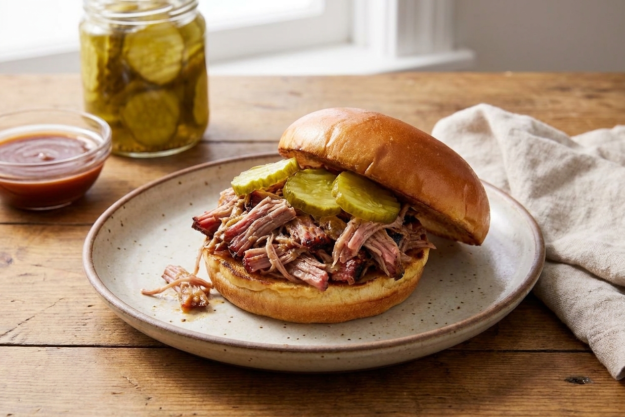 A pulled pork sandwich on a soft bun topped with pickles, served on a plate at a kitchen table