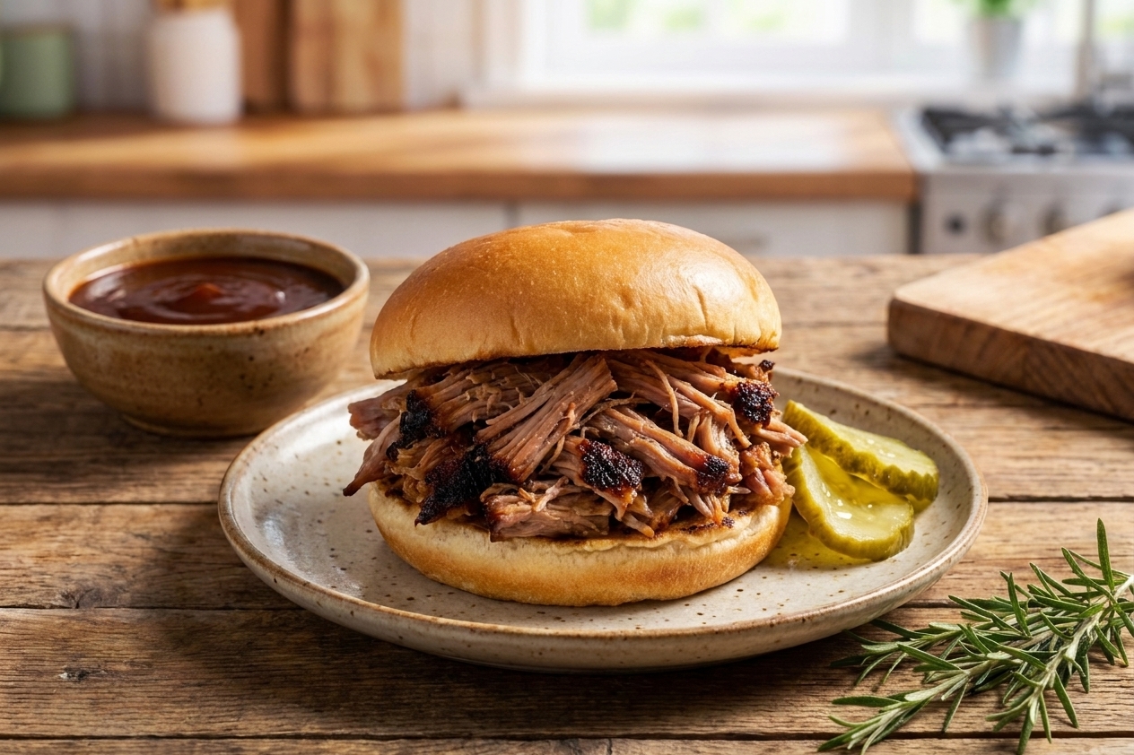 A pulled pork sandwich on a soft bun with pickle slices on a plate next to a small bowl of extra sauce on a kitchen table