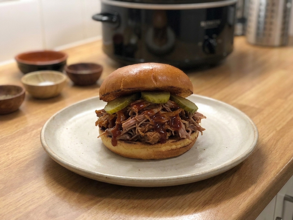 A pulled pork sandwich on a toasted bun with pickles on a simple plate, set on a wooden table