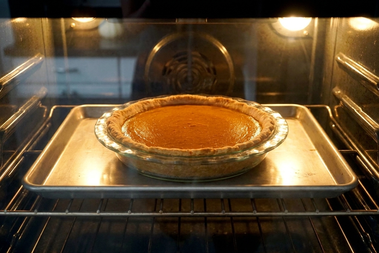 A pumpkin pie baking on a sheet pan inside an oven with the light on