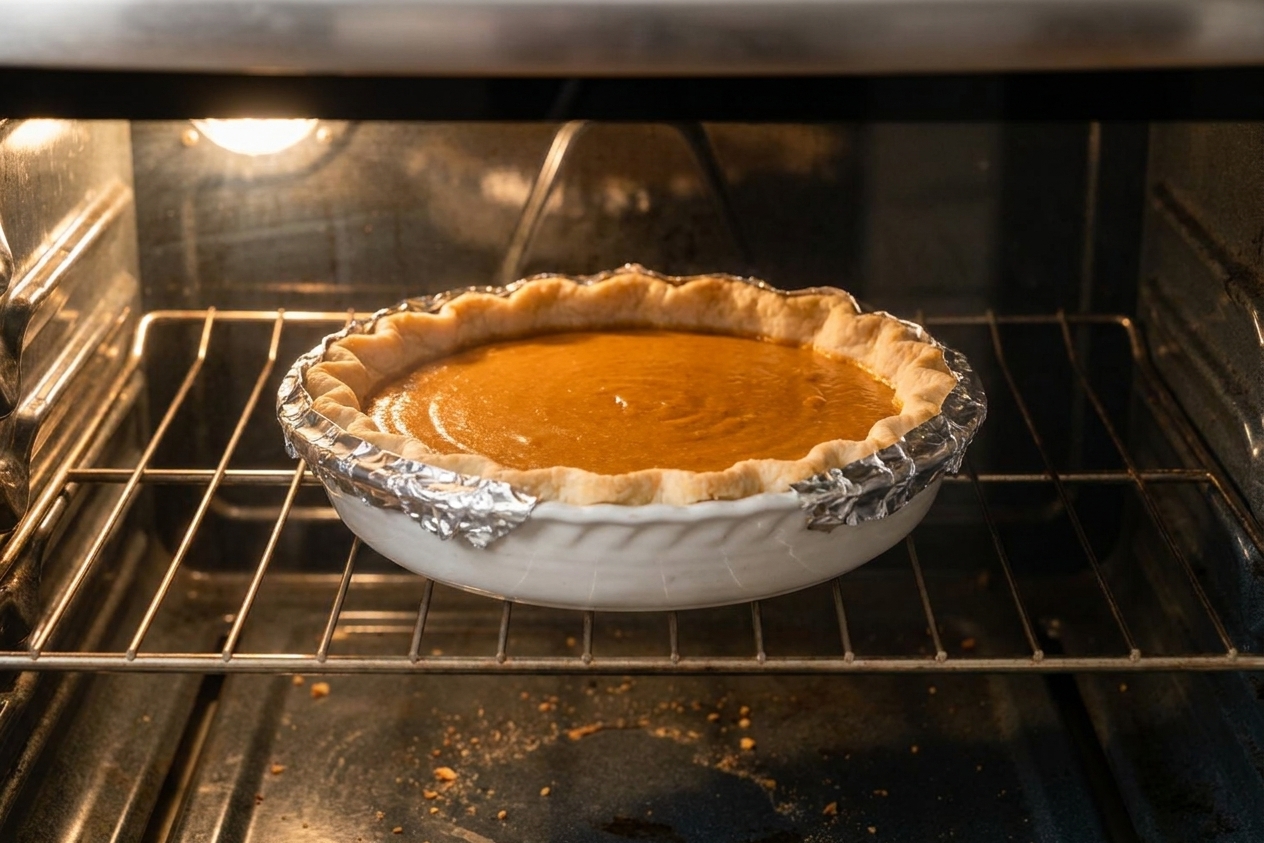 A pumpkin pie baking on the middle rack of an oven, with the crust edges lightly shielded with foil