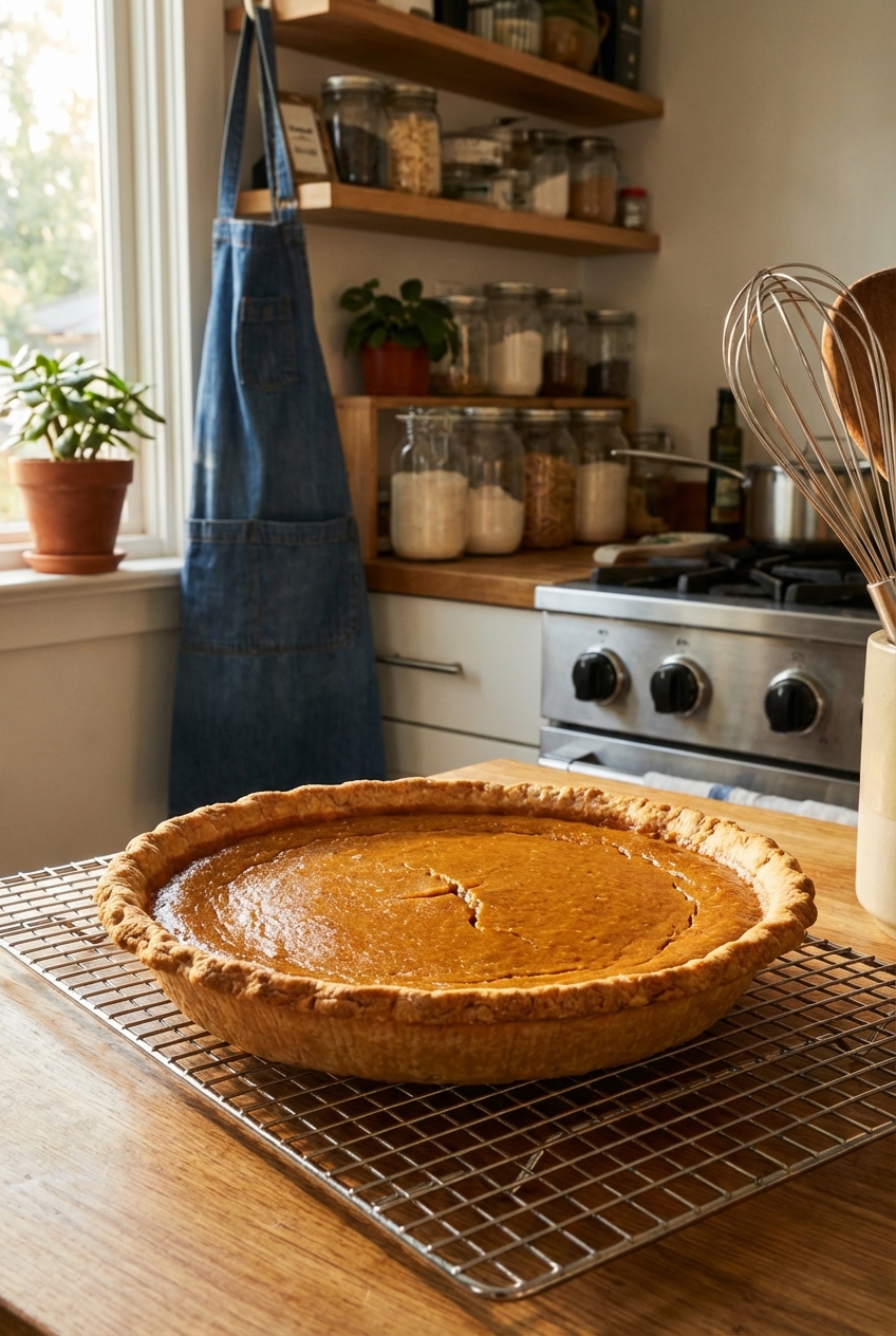 A pumpkin pie cooling on a wire rack in a home kitchen with soft natural light