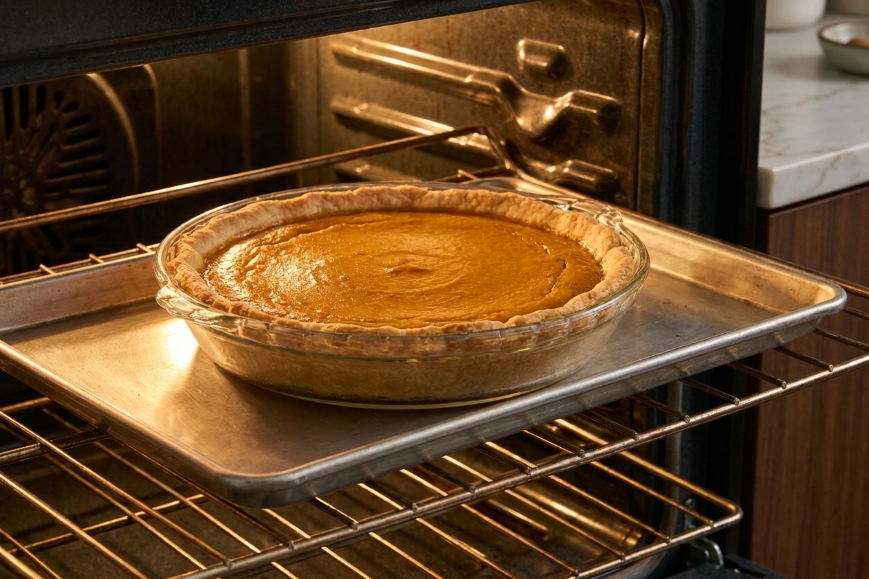 A pumpkin pie in a glass pie dish baking on a sheet pan inside an oven