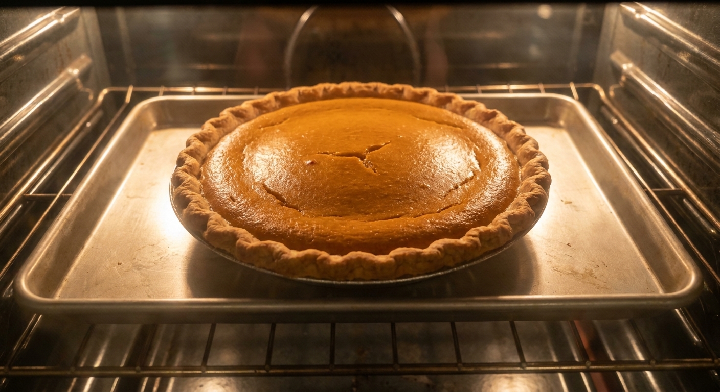 A pumpkin pie on a baking sheet in an oven with the filling slightly puffed and the crust turning golden
