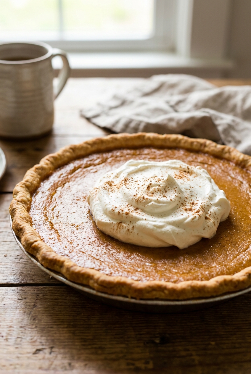 A pumpkin pie with whipped cream on top