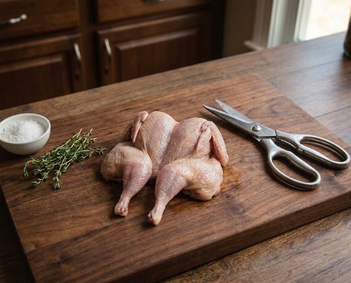A quail butterflied flat on a cutting board with kitchen shears nearby in a tidy home kitchen