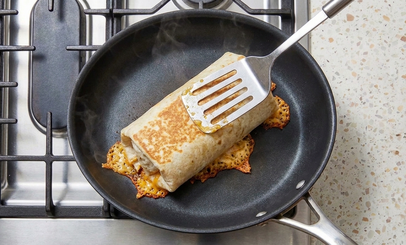 A quesarito being toasted seam-side down in a nonstick skillet with a spatula pressing gently, cheese crisping at the edges in warm kitchen light