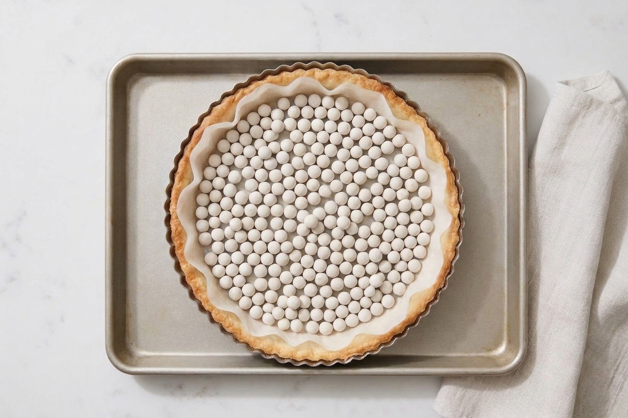 A quiche crust lined with parchment and filled with pie weights on a baking sheet, ready for blind baking