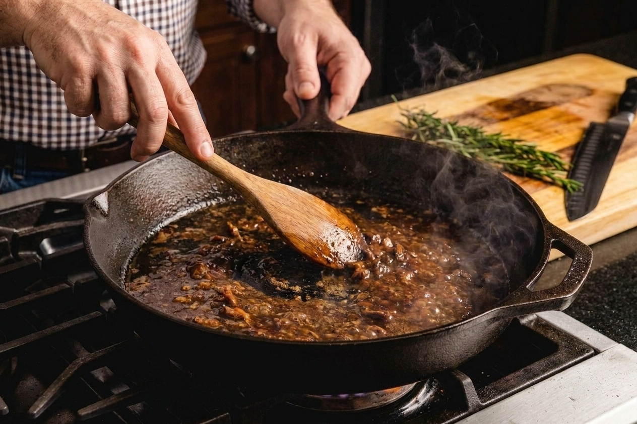 A quick beef pan sauce simmering in a cast iron skillet while browned bits are scraped up with a wooden spoon