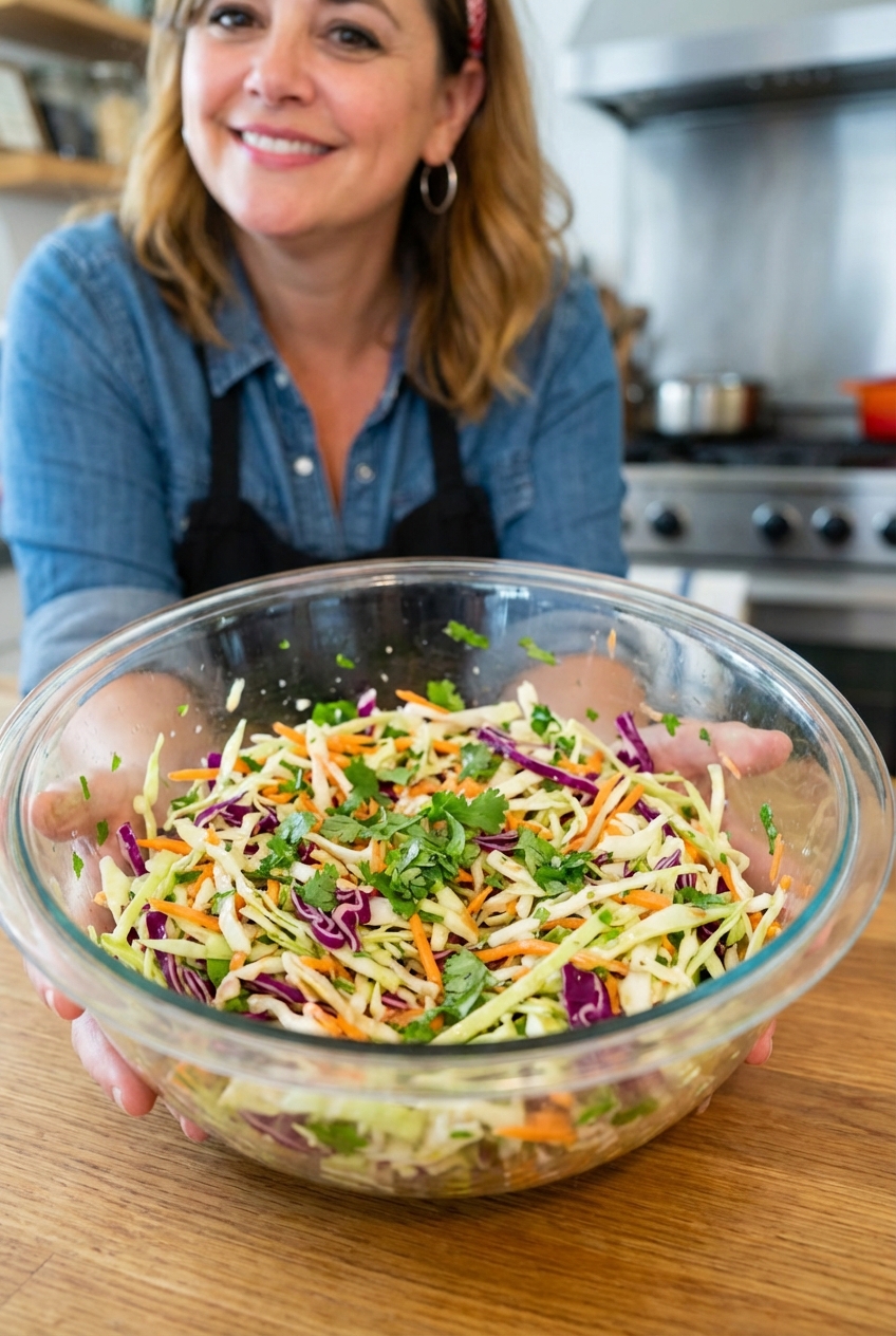 A quick cabbage slaw with cilantro in a mixing bowl