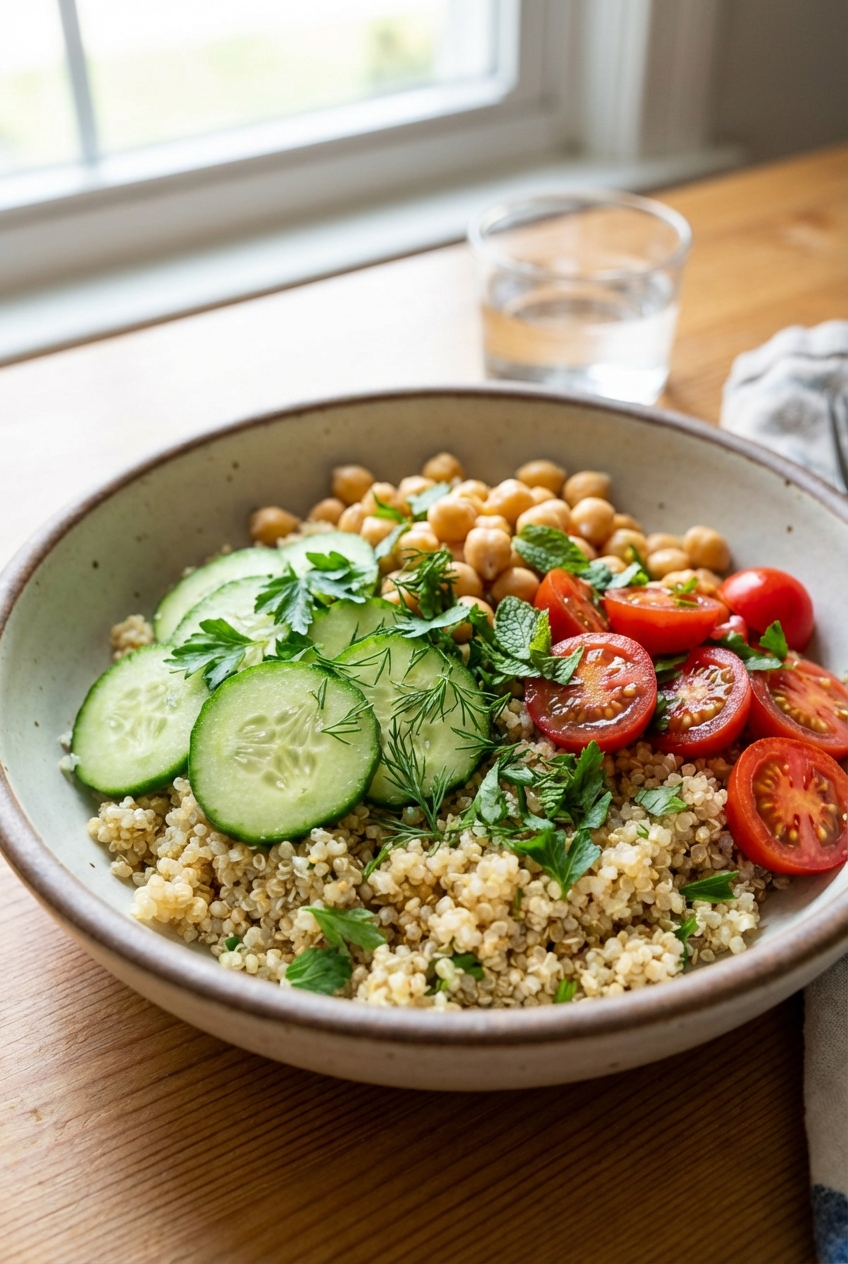 A quinoa bowl with cucumbers, chickpeas, cherry tomatoes, and herbs