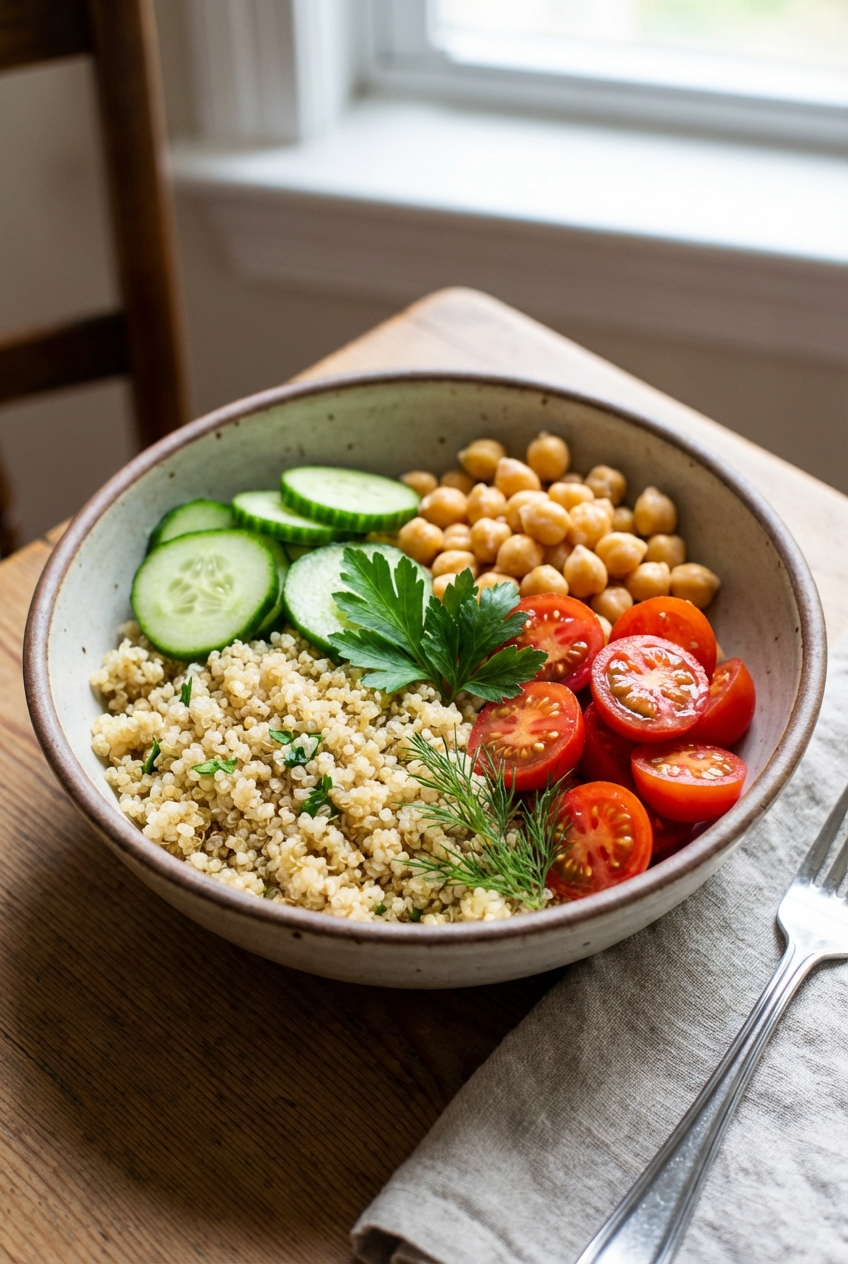 A quinoa grain bowl with cucumbers, chickpeas, cherry tomatoes, and herbs
