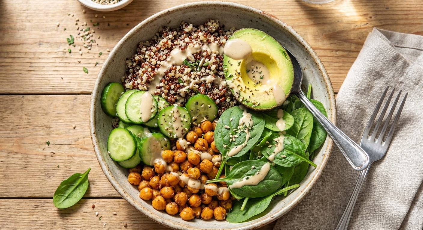 A quinoa grain bowl with cucumbers, chickpeas, spinach, and avocado