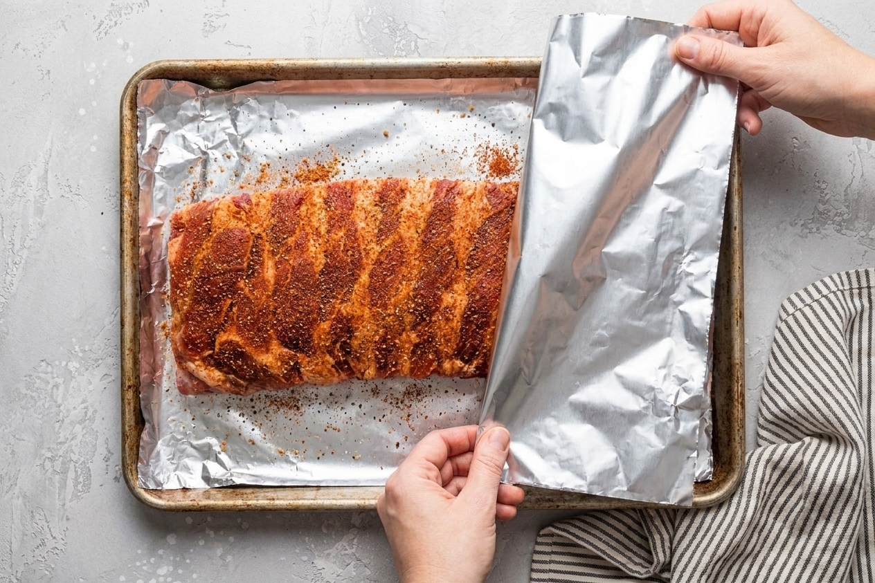 A rack of pork ribs coated in a reddish-brown dry rub on a foil-lined sheet pan, ready to be wrapped