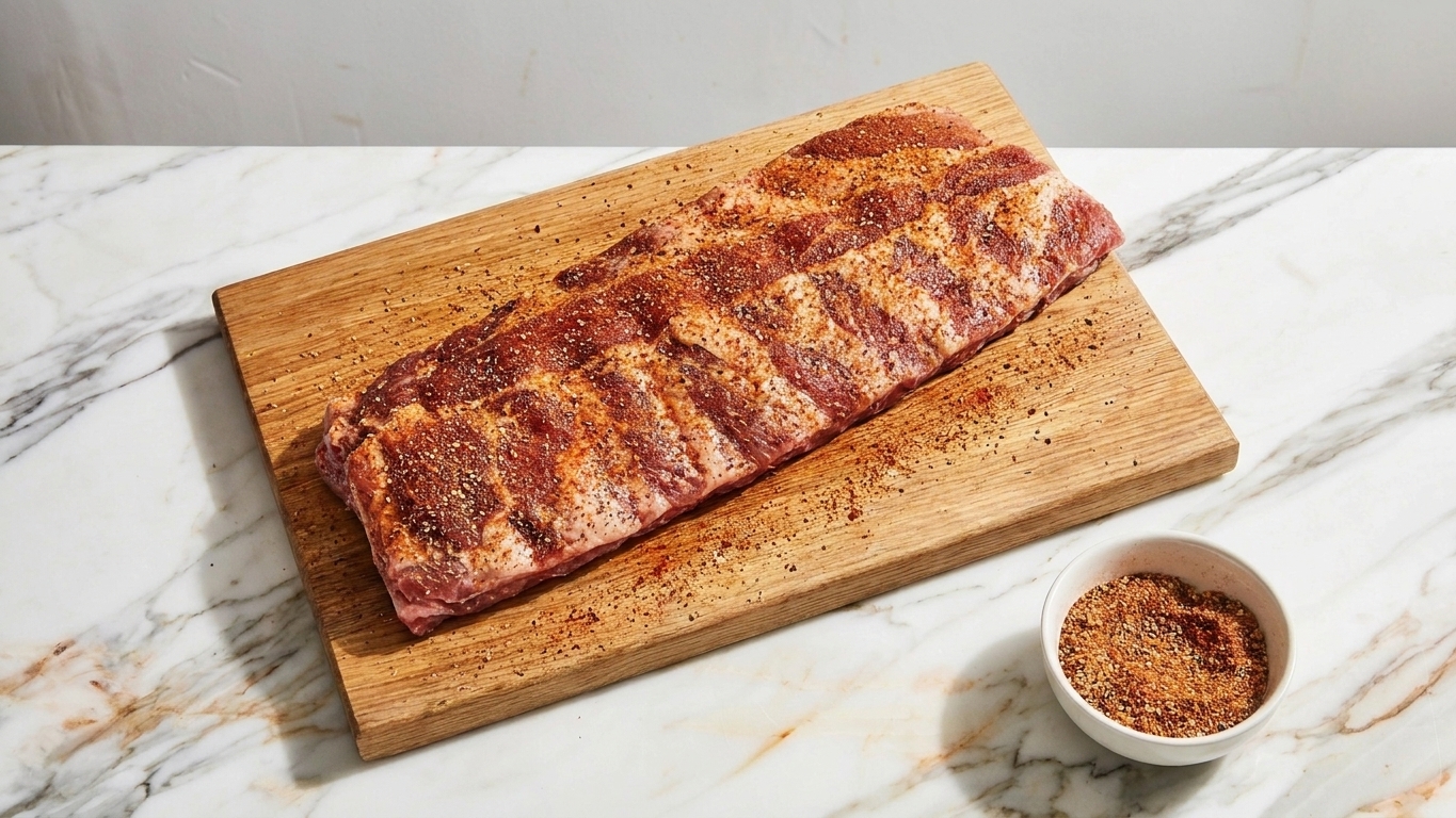 A rack of pork ribs coated in a smoky dry rub on a cutting board beside a small bowl of remaining seasoning