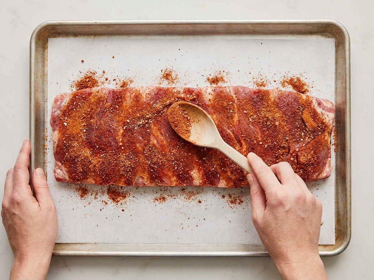 A rack of raw pork ribs on a sheet pan being evenly coated with BBQ rub