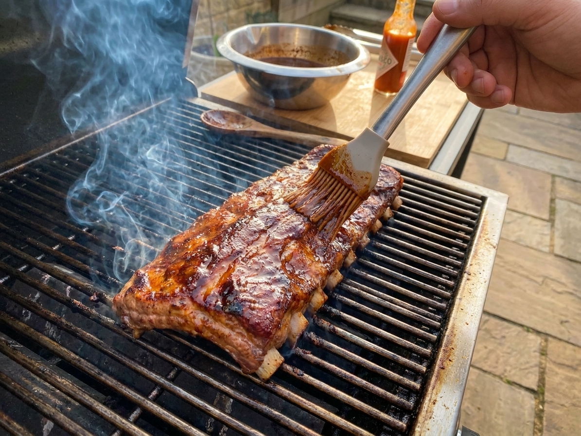 A rack of ribs on a grill grate being brushed with warm mop sauce, with light smoke rising