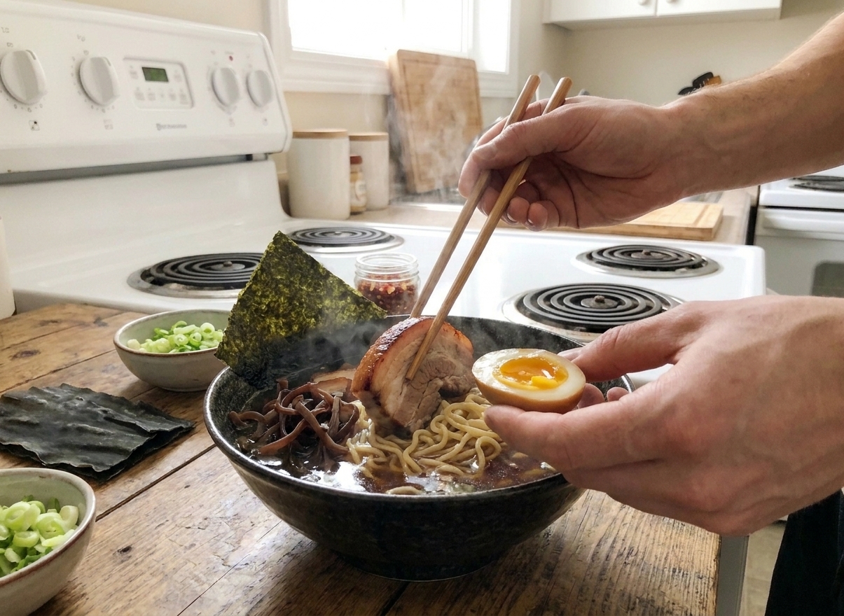 A ramen bowl being assembled with noodles, sliced pork, egg halves, nori, and scallions on a wooden counter, hands placing toppings