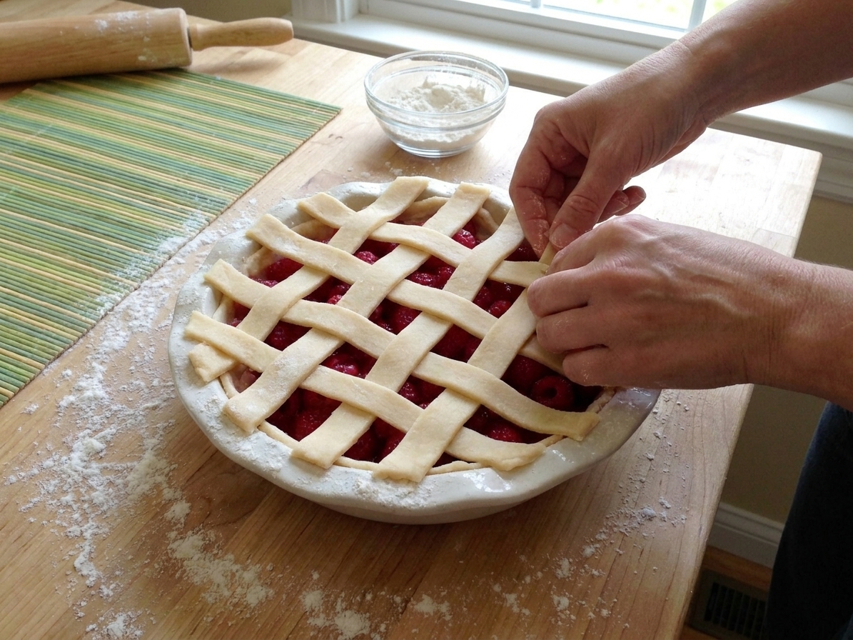 A raspberry pie being topped with a lattice crust on a pie dish, unbaked, on a floured kitchen counter