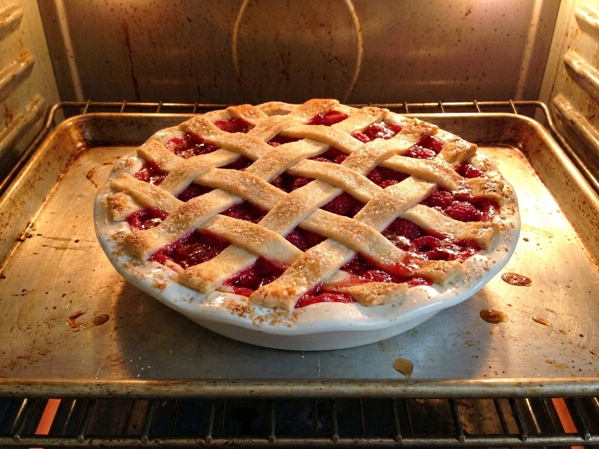 A raspberry pie on a rimmed baking sheet inside an oven, crust turning golden and filling bubbling