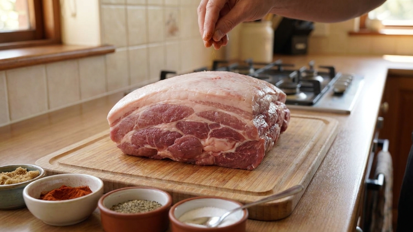 A raw Boston butt pork shoulder on a cutting board with visible fat cap, next to small bowls of spice rub on a kitchen counter