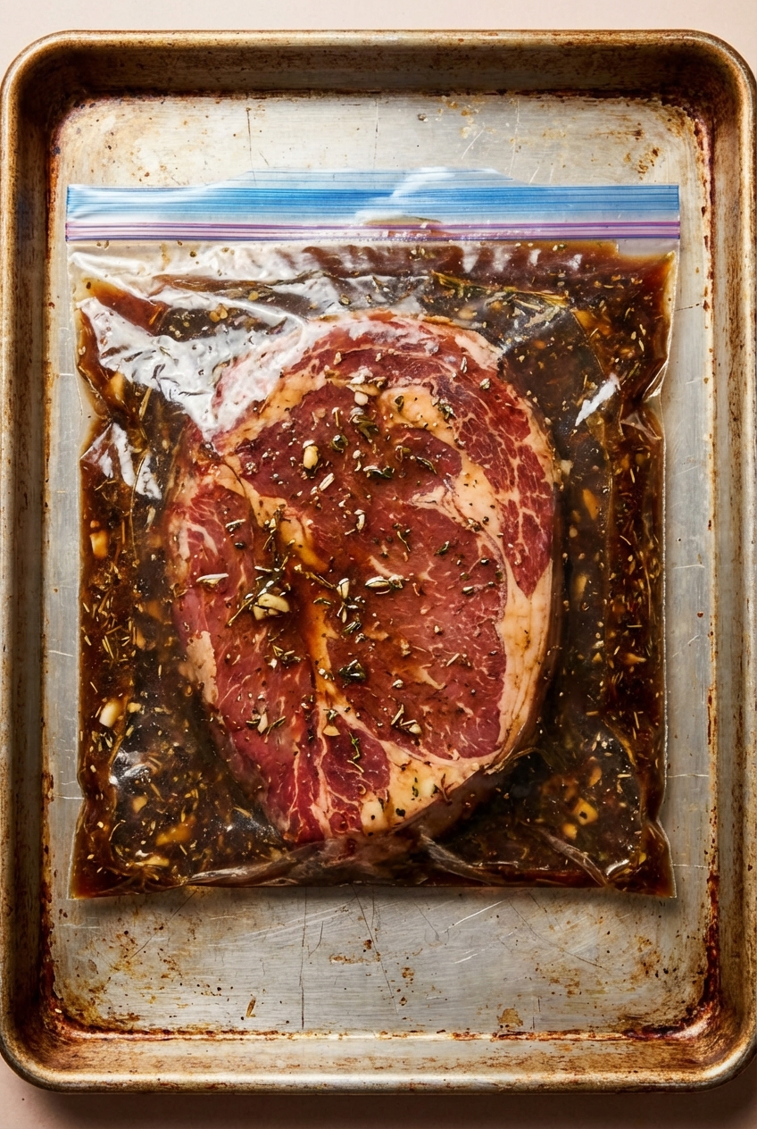 A raw London broil in a zip-top bag covered in dark marinade on a rimmed baking sheet