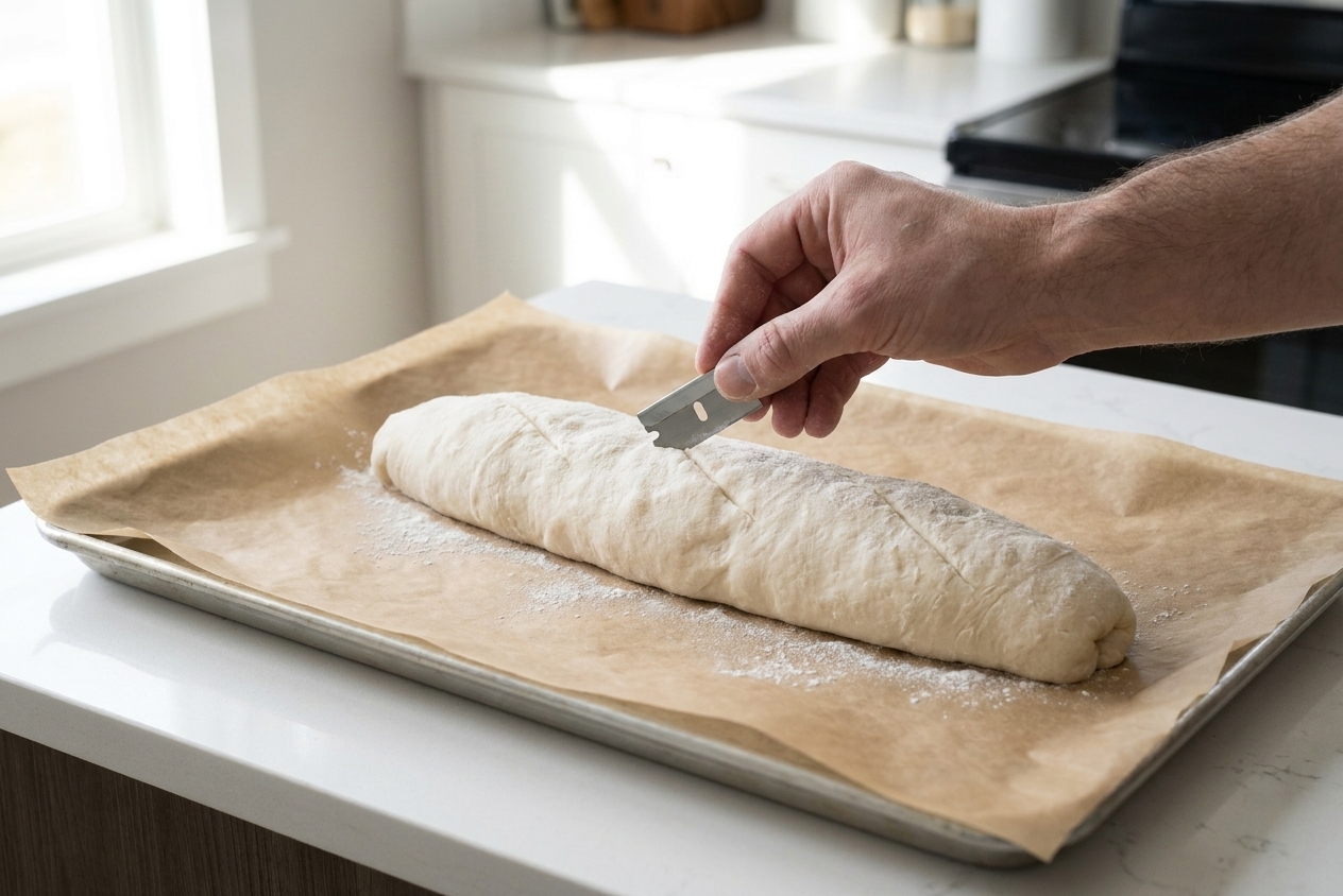 A raw baguette on parchment paper being scored with a razor blade on a baking sheet
