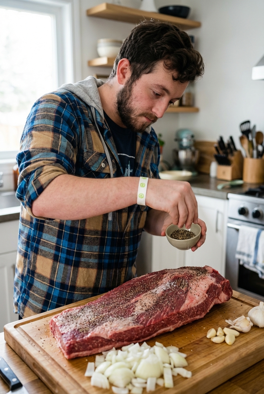 A raw beef brisket flat on a cutting board being seasoned with salt and pepper next to sliced onions and garlic