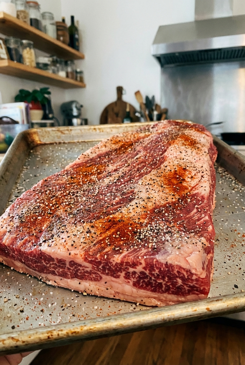 A raw beef brisket flat on a sheet pan seasoned with salt, pepper, and paprika