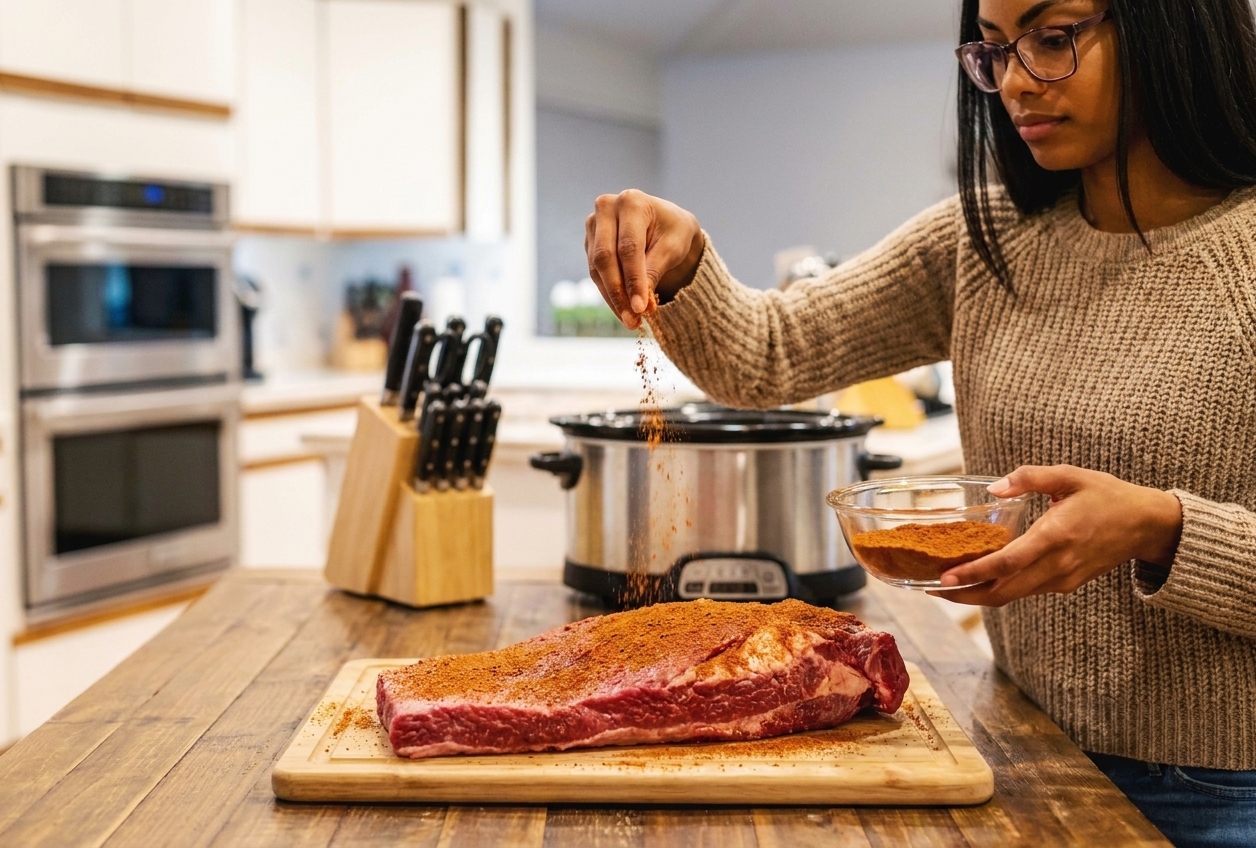 A raw beef brisket on a cutting board being seasoned with a paprika-based spice rub, hands sprinkling spices evenly
