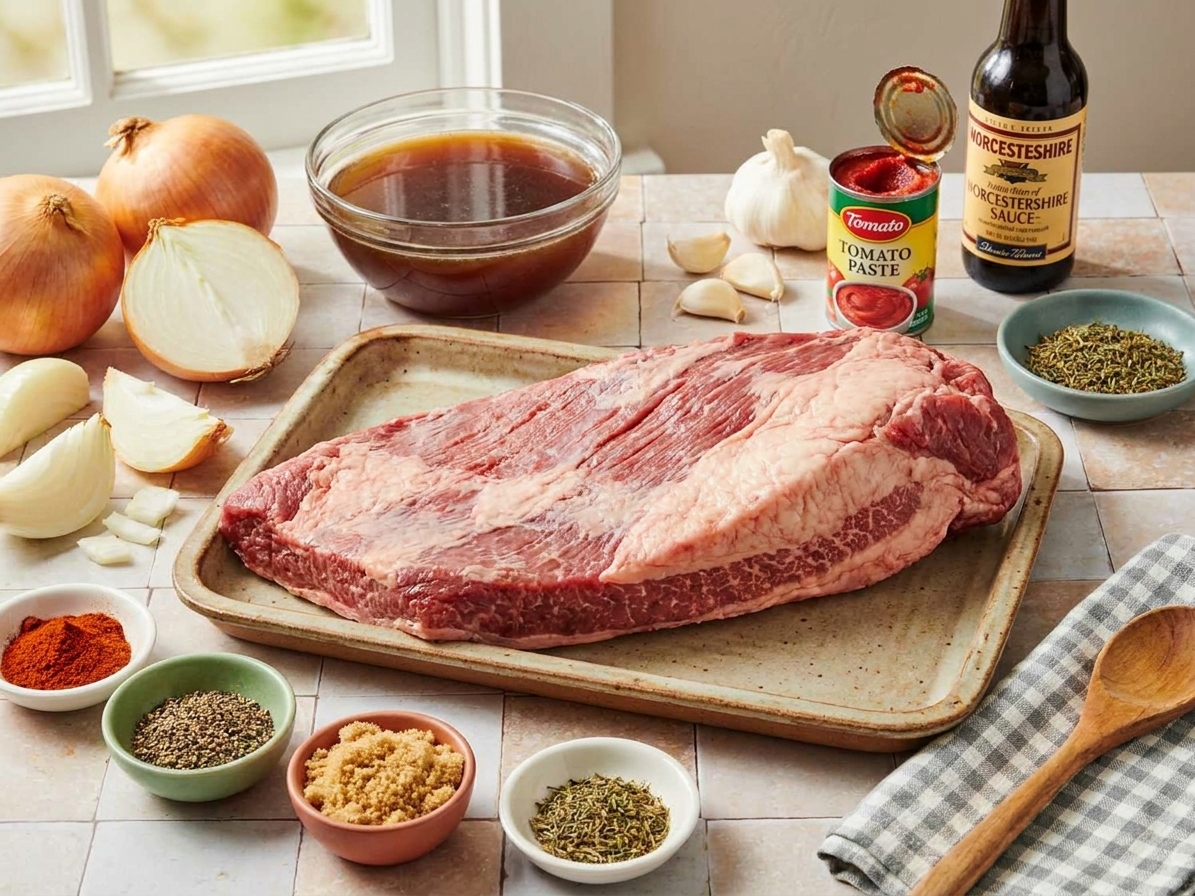 A raw beef brisket on a tray with onions, garlic, beef broth, tomato paste, Worcestershire sauce, and spices arranged on a kitchen counter