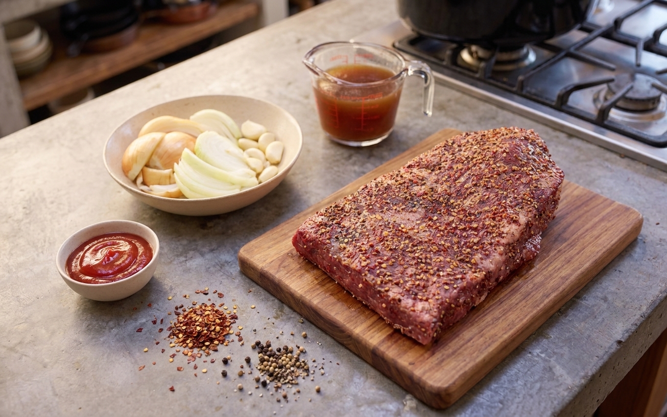 A raw beef brisket, sliced onions, garlic, beef broth, ketchup, and spices arranged on a clean kitchen counter