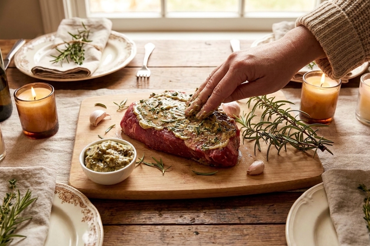 A raw beef fillet on a cutting board being rubbed with Dijon mustard, chopped herbs, and garlic