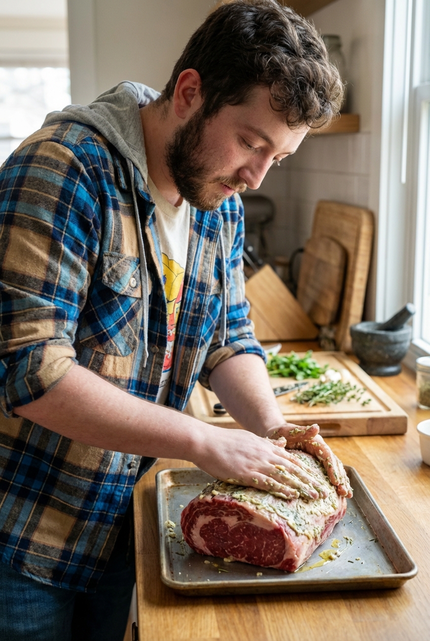 A raw beef roast on a baking sheet being rubbed with a garlic and herb paste