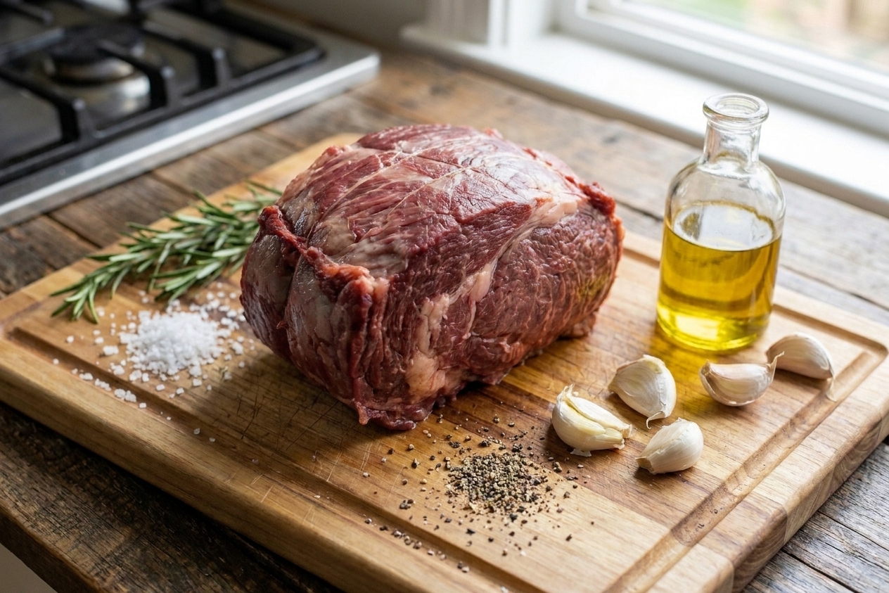 A raw beef roast on a cutting board with salt, pepper, garlic, rosemary, and olive oil arranged on a home kitchen counter