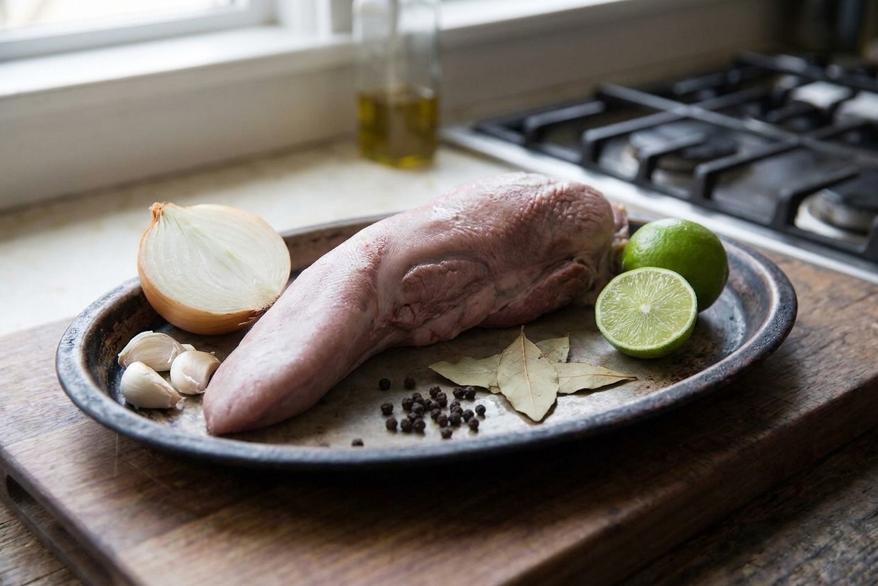A raw beef tongue on a rimmed tray with onion, garlic, bay leaves, peppercorns, and limes arranged on a clean kitchen counter